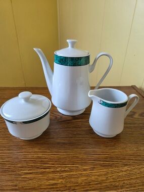 White Porcelain Coffee Set with Green Rim - 3-Piece